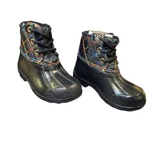 Sperry Saltwater Duck Boots Girls 6M Black Rainbow Quilted Stitching Gorpcore